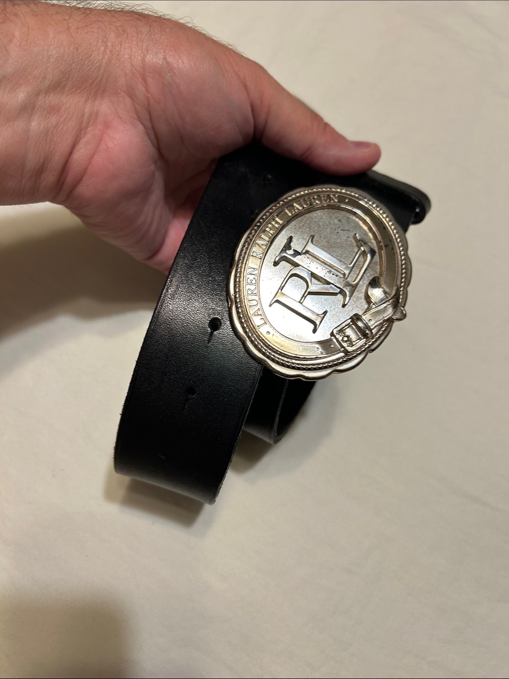 Ralph Lauren Black Leather Belt with Silver RL Medallion Buckle